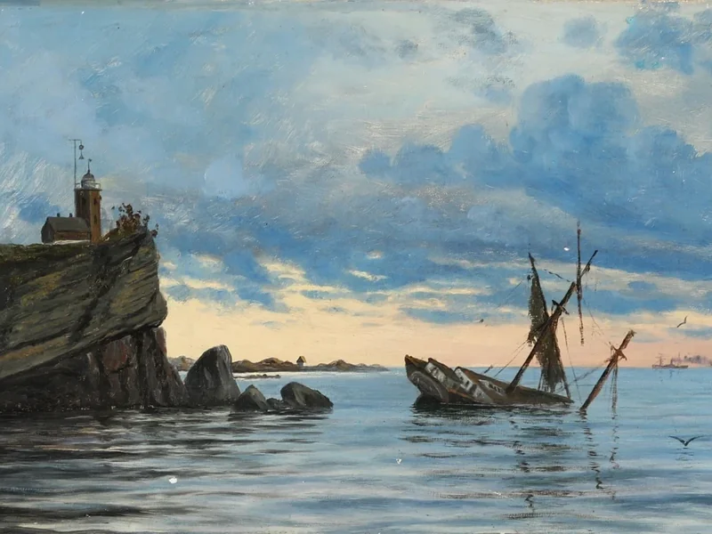 1854-Alfred Olsen - Una nave incagliata al largo di un faro su una costa rocciosa, 1886